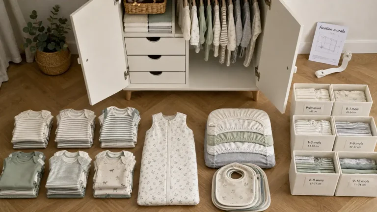 Armoire chambre bebe blanche avec portes battantes, penderie et fixation murale