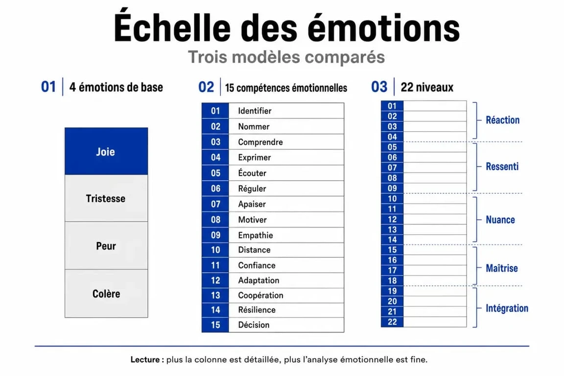 Échelle des émotions comparée en versions 4, 15 et 22 niveaux