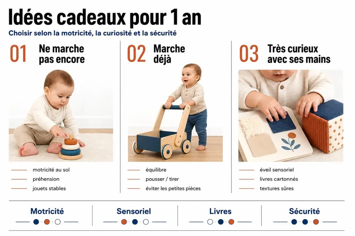 Idées cadeaux 1 an : illustration comparative des cadeaux adaptés à un bébé de 1 an selon sa motricité et ses besoins