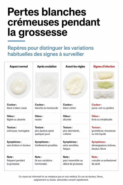 perte blanche crémeuse grossesse : comparaison visuelle entre aspect normal, signes d’infection et situations à surveiller