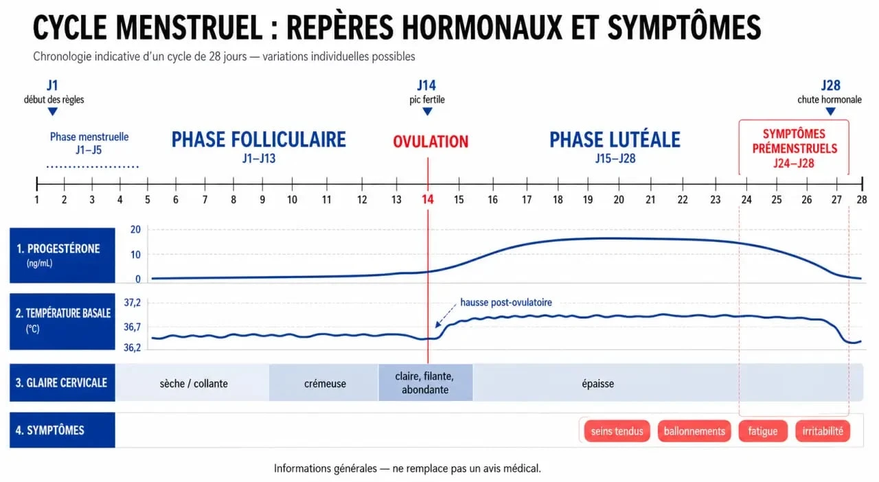 Phase lutéale symptomes : frise du cycle menstruel avec ovulation, progestérone et signes prémenstruels