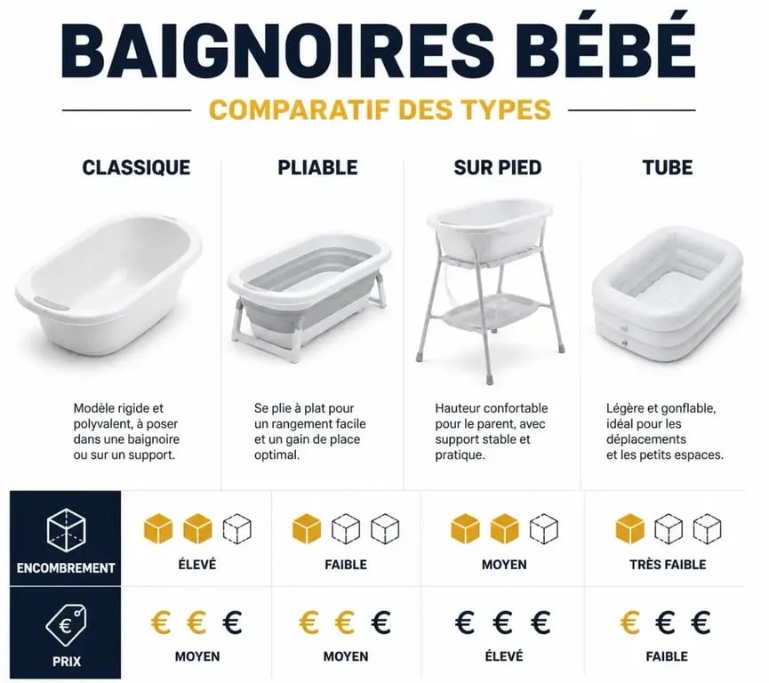 Comparatif visuel des différents types de baignoires bébé pour choisir la meilleure baignoire bébé selon l'espace et le budget.