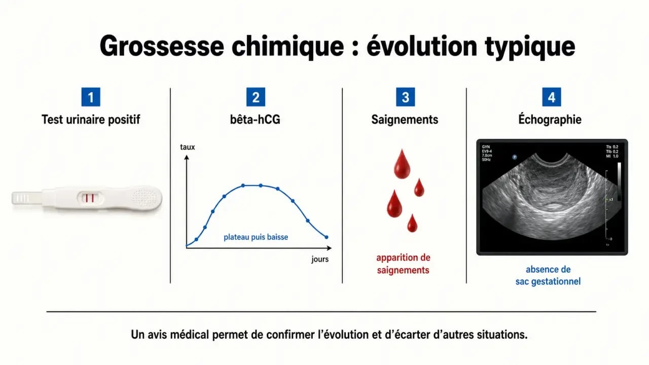 Grossesse chimique : frise chronologique du test positif, de la bêta-hCG qui baisse, des saignements et de l’échographie