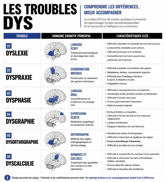 Tableau récapitulatif des troubles dys : dyslexie, dyspraxie, dysphasie et autres troubles cognitifs
