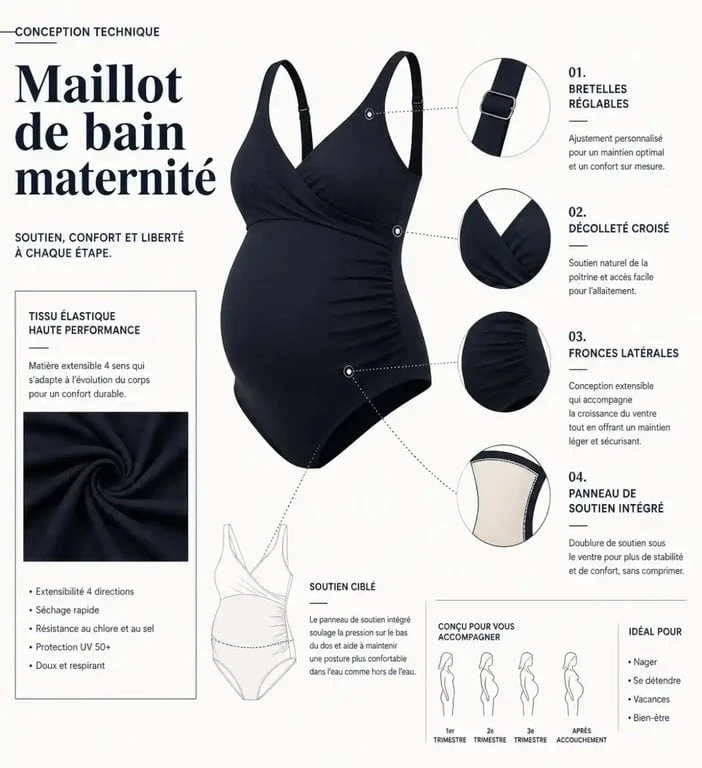 Schéma technique d'un maillot de bain grossesse montrant le maintien abdominal et l'élasticité du tissu