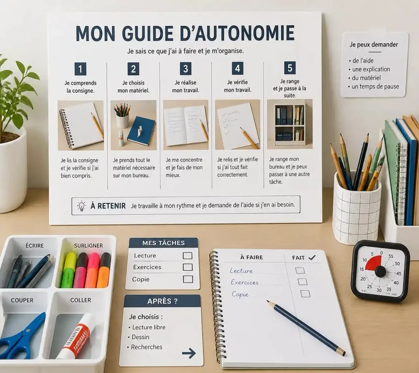 Exemple d'organisation pour l'autonomie au CP en période 1 avec des supports visuels