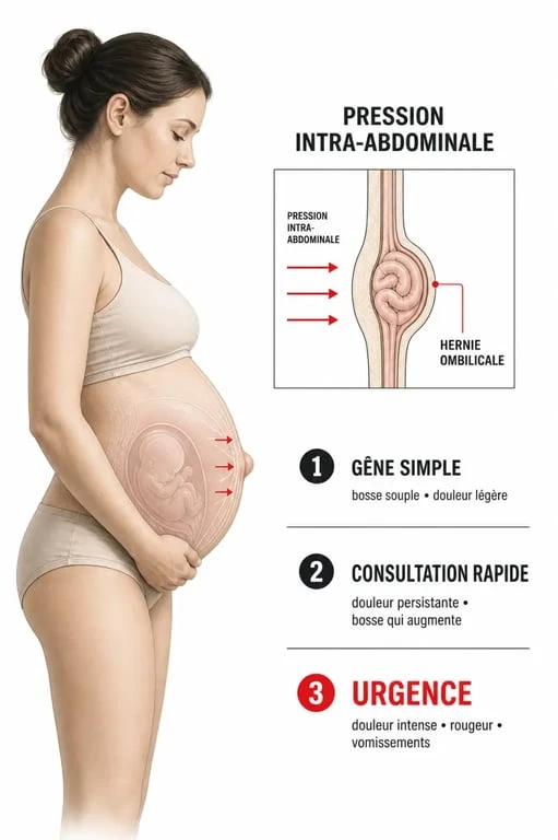 Grossesse et hernie ombilicale : schéma explicatif de la pression abdominale et des signes d’alerte