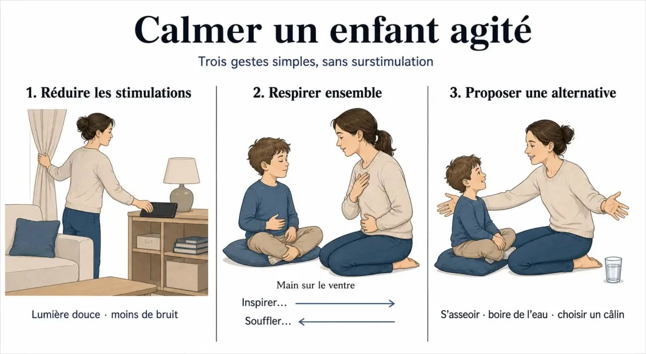 Comment calmer un enfant agité avec une illustration des gestes simples pour réduire les stimulations, respirer et retrouver le calme