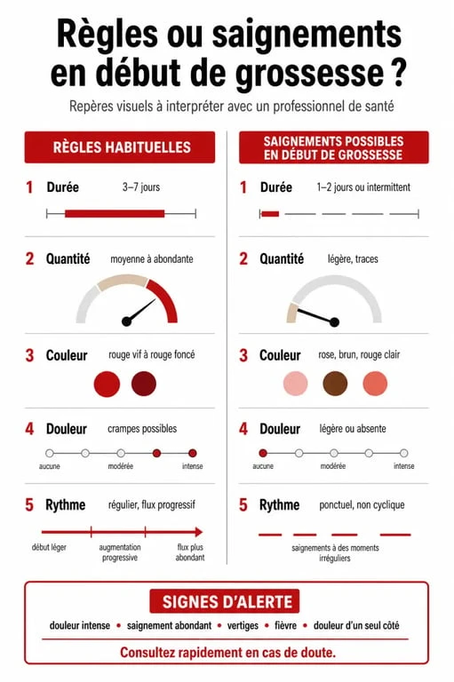Grossesse et regle : visuel comparatif des règles et des saignements de grossesse avec durée, couleur, quantité et signes d’alerte