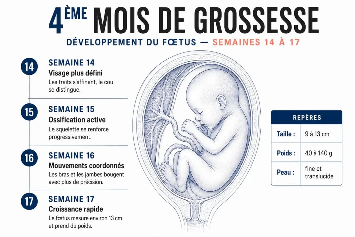 Infographie du développement du fœtus au 4ème mois de grossesse