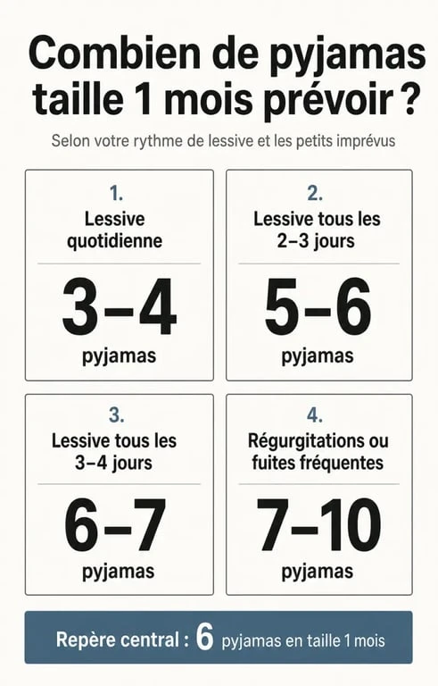 Combien de pyjama 1 mois prévoir pour bébé, infographie avec les quantités selon le rythme de lessive