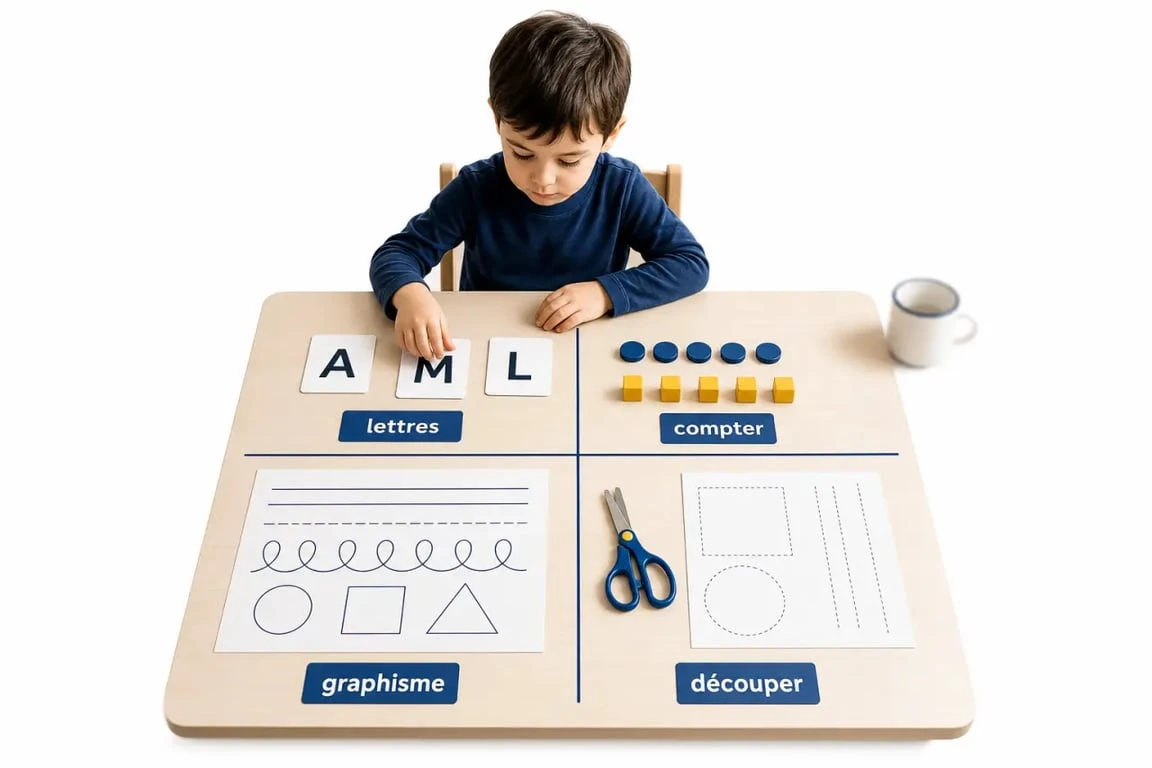 Grande section exercices : enfant de maternelle avec lettres, numération, graphisme et découpage