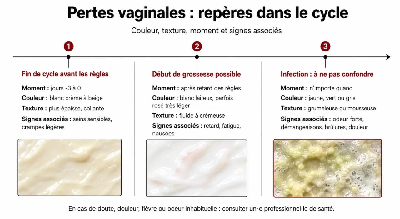 Pertes blanches grossesse ou règles : frise comparative du cycle, signes et timing