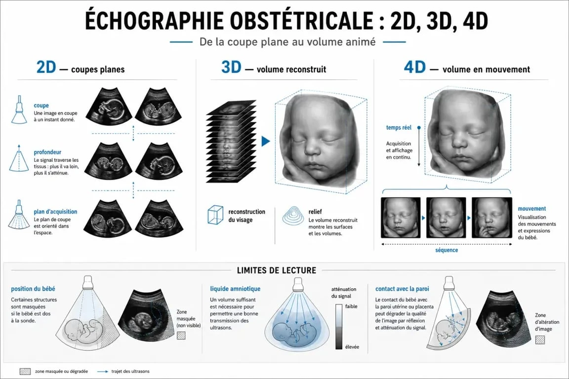 Écho 3D et réalité : schéma de reconstruction d’un visage de bébé en 2D, 3D et 4D