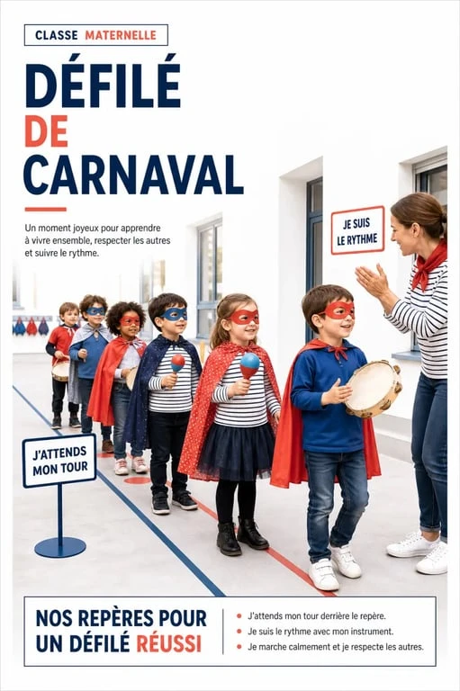 activité carnaval maternelle avec défilé festif et enfants déguisés en classe