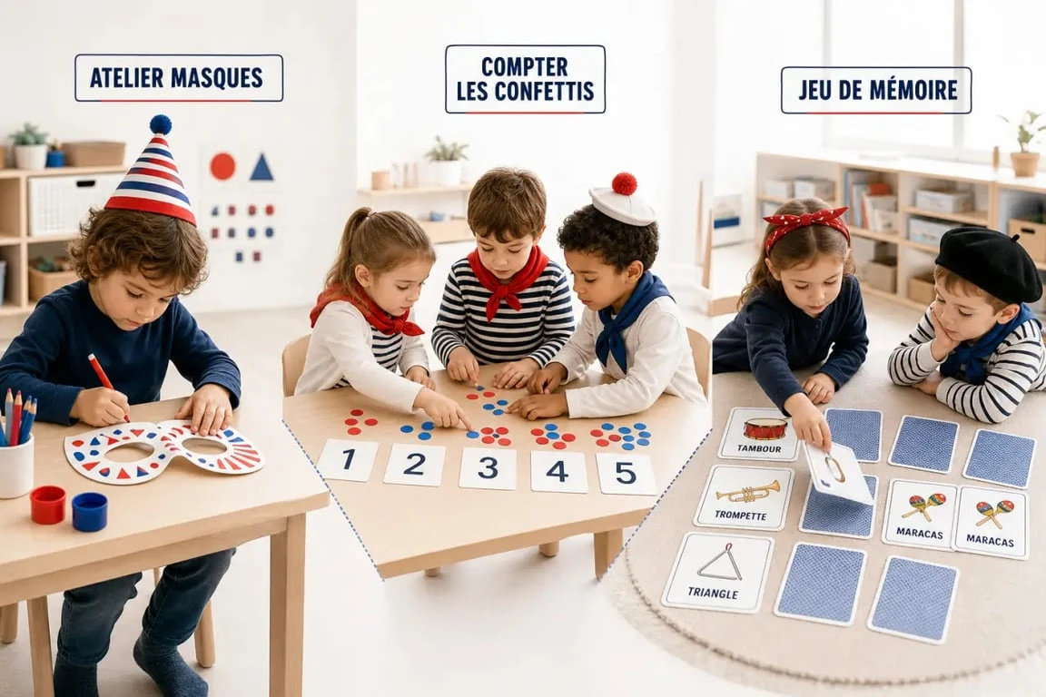 activité carnaval maternelle en classe avec ateliers de masques graphiques, comptage de confettis et cartes d’instruments