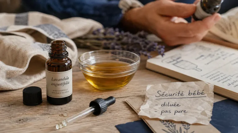 Huiles essentielles bébé : sécurité avant 3 mois, flacon et pipette