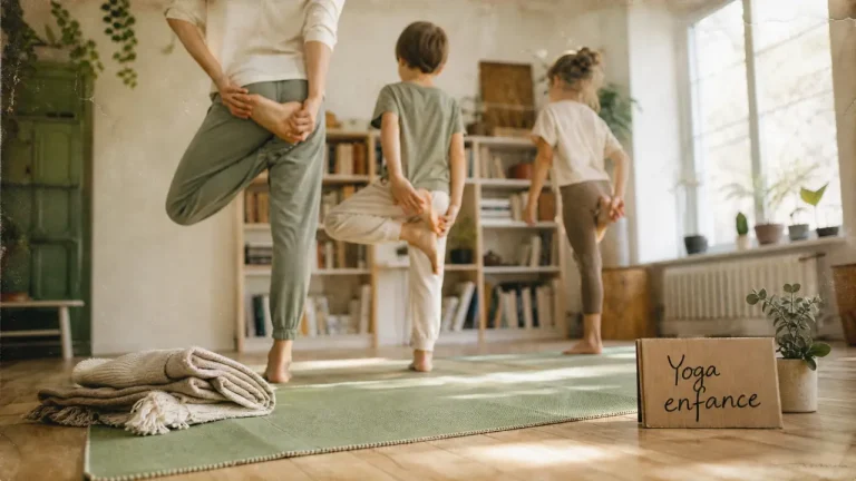 Yoga enfance, enfant en posture arbre sur tapis de yoga