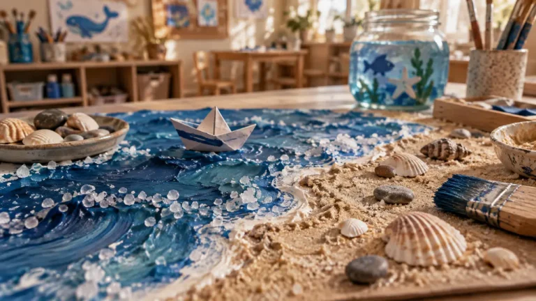 Activité mer et océan : 6 ateliers pour créer, manipuler et jouer sans quitter la table Activité thème mer et océan : atelier à table, mer et sable