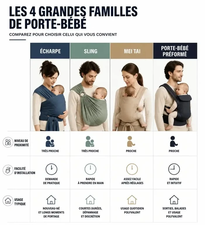 Comparaison des types de porteur bebe : écharpe, sling, mei tai et porte-bébé préformé