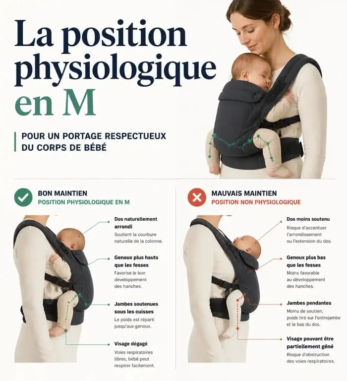 Position physiologique en M et réglages de sécurité d’un porteur bebe