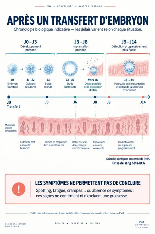Infographie sur 7 jours apres transfert d'embryon et la chronologie de l'implantation jusqu'au test bêta-hCG