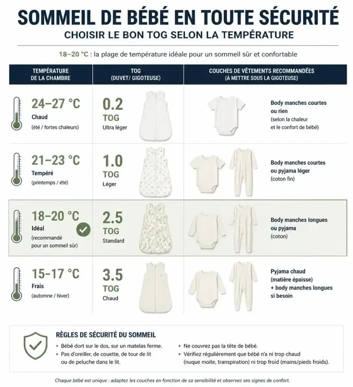 Infographie sur le TOG et comment couvrir bébé la nuit pour un sommeil sécurisé