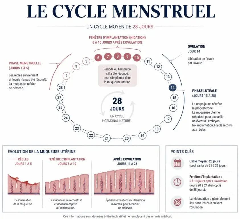 Schéma explicatif du cycle menstruel et de la nidation et perte blanche