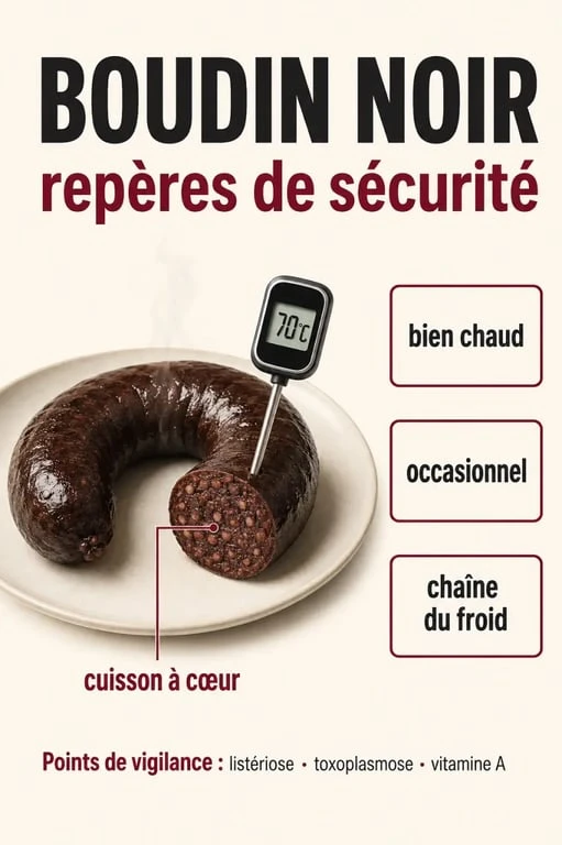 Boudin noir femme enceinte avec thermomètre à 70°C et rappels de sécurité