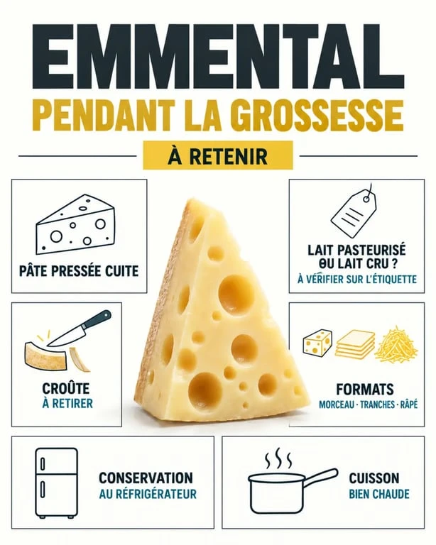 Infographie emmental grossesse : lait, croûte, râpé, conservation et cuisson
