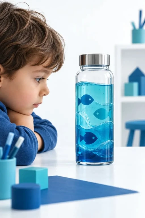 Activité thème mer et océan avec bocal sensoriel bleu à observer