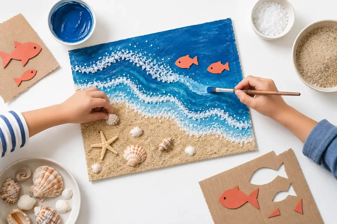 Activité thème mer et océan avec tableau marin texturé, sable, sel et peinture