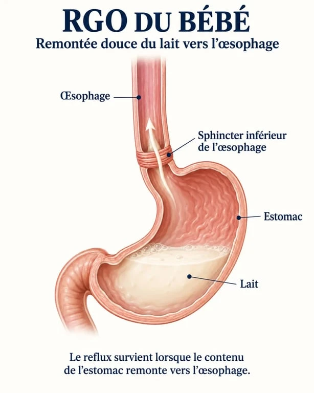Schéma simplifié du mécanisme du RGO bébé entre l’estomac et l’œsophage