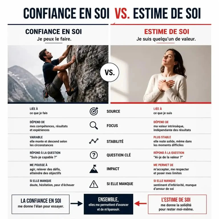 Infographie comparant la confiance en soi et l'estime de soi chez l'enfant