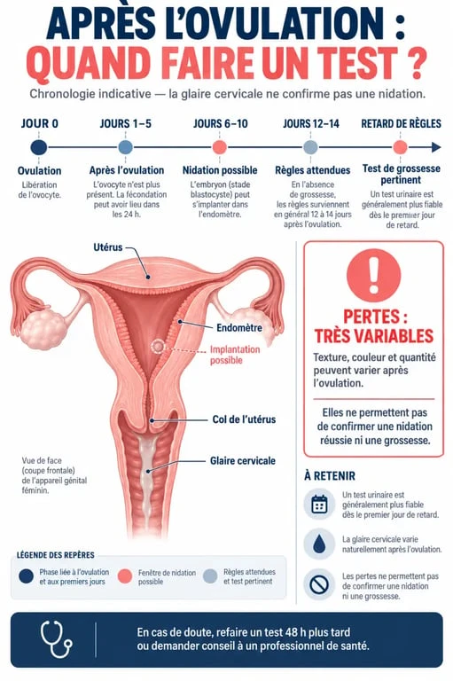 Glaire cervicale signe nidation réussie : schéma de la chronologie après l’ovulation et du moment du test de grossesse