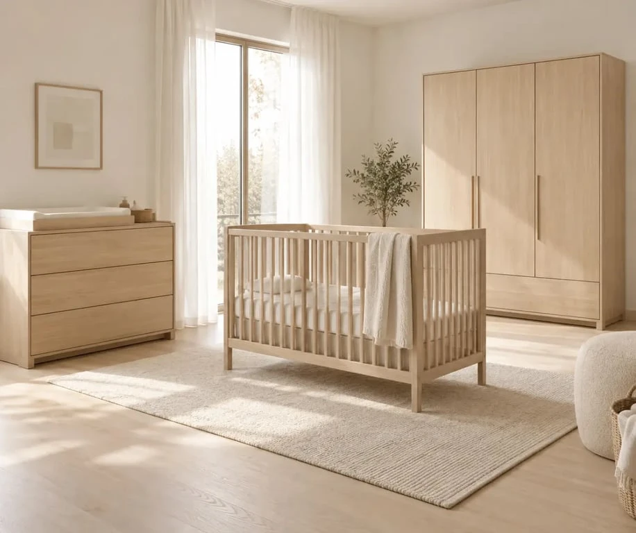 Chambre bébé complète avec lit, commode et armoire assortis