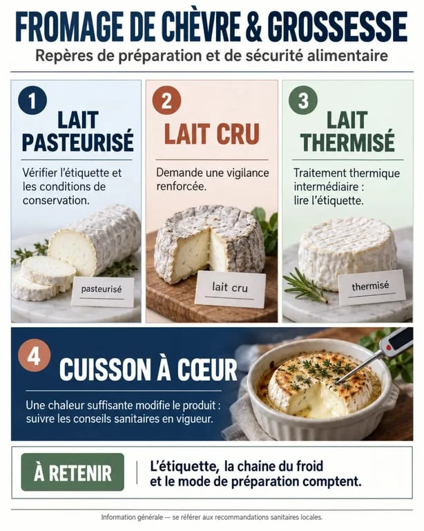 Fromage de chèvre pasteurisé grossesse : différences entre lait pasteurisé, lait cru, lait thermisé et cuisson