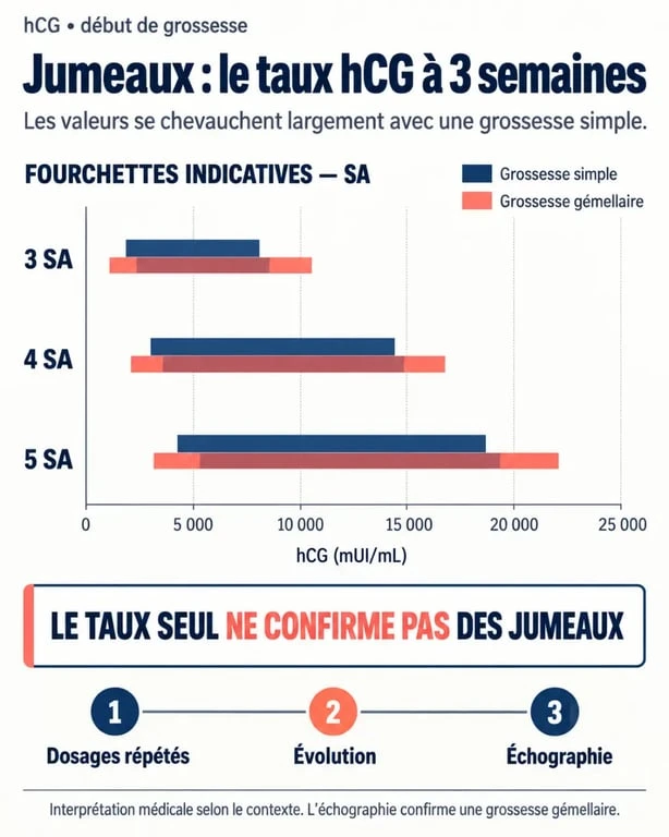 Infographie sur le taux hCG jumeaux 3 semaines et le chevauchement des fourchettes entre grossesse simple et gémellaire