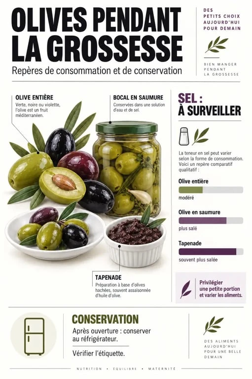 Infographie sur les olives femme enceinte, la saumure, le sel et les précautions de conservation