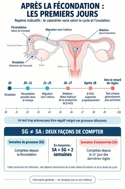 Symptômes grossesse 1 semaines : frise de la fécondation à la nidation et au test positif