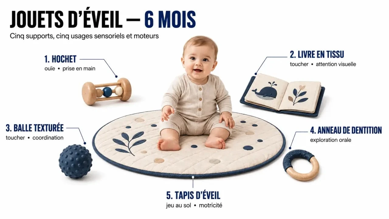 Jeu d'éveil 6 mois : bébé entouré de jouets adaptés comme hochet, livre en tissu, balle texturée, anneau de dentition et tapis d’éveil
