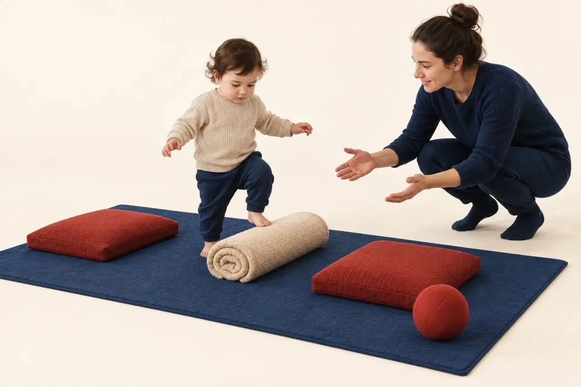 Activité pour les 18 mois : mini-parcours moteur sécurisé à la maison