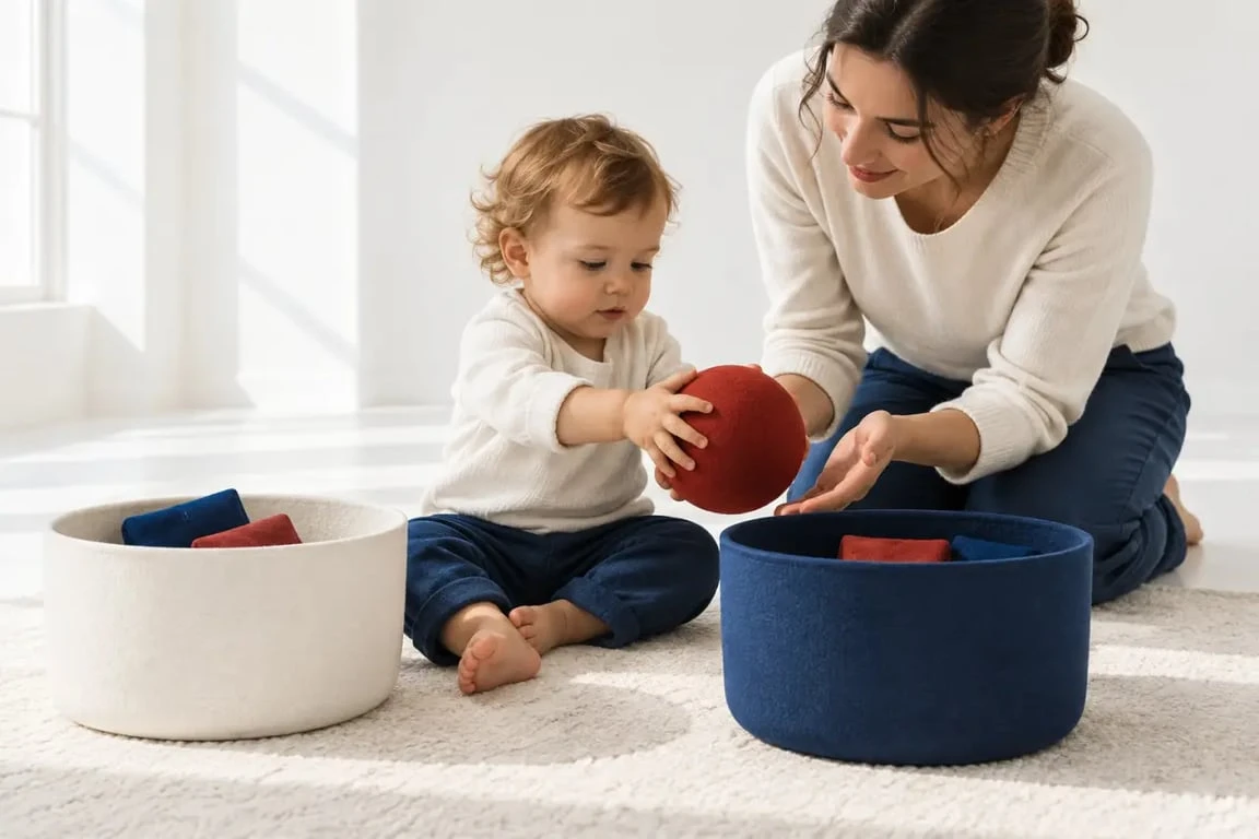 Activité pour les 18 mois : jeu de transvasement avec récipients et objets adaptés