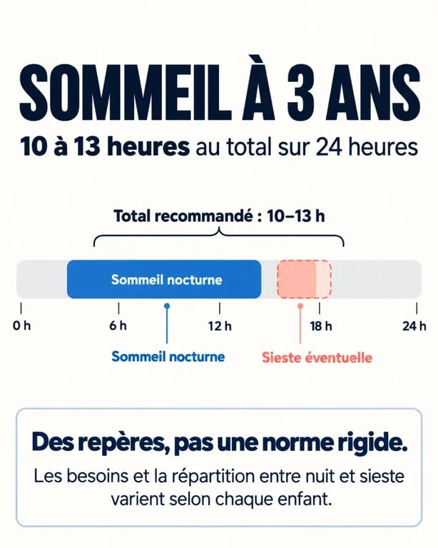 Temps de sommeil enfant 3 ans : 10 à 13 heures sur 24 heures avec sommeil nocturne et sieste