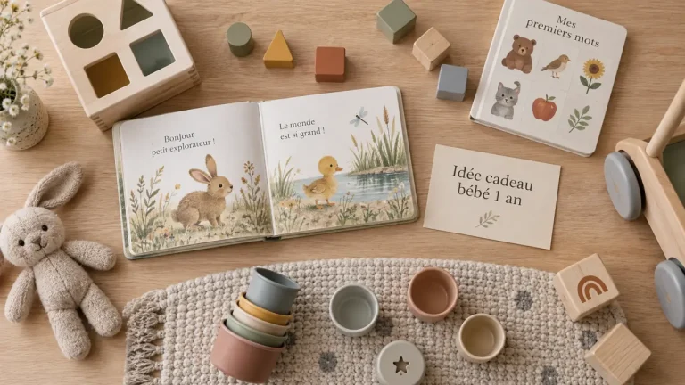 Idee cadeau bebe 1 an : jeux mains, livres et cubes sur tapis