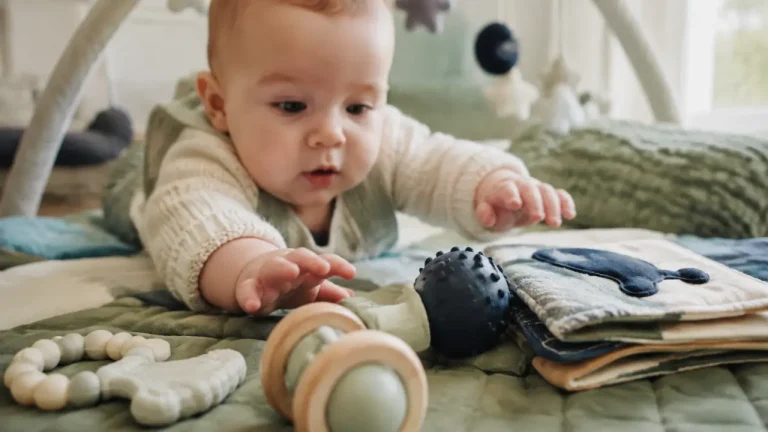 À 6 mois, quels jeux d’éveil choisir pour les sons, les textures et la motricité ? Jeu d'éveil 6 mois : bébé sur tapis, hochet et textures
