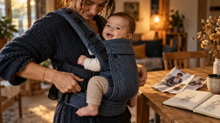 Quel porte-bébé choisir ? Guide pratique selon l’âge, le poids et l’usage porteur bebe : parent ajuste un porte-bébé physiologique en position M avec bébé
