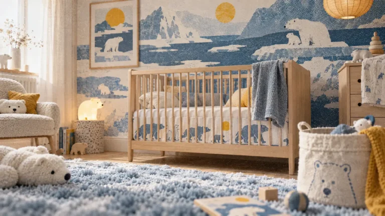 Chambre bebe ours polaire, lit bois clair et tapis bleu glacier
