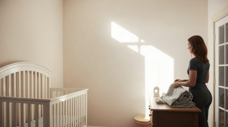 Chambre de bébé prête avant la naissance avec lit à barreaux et plan à langer