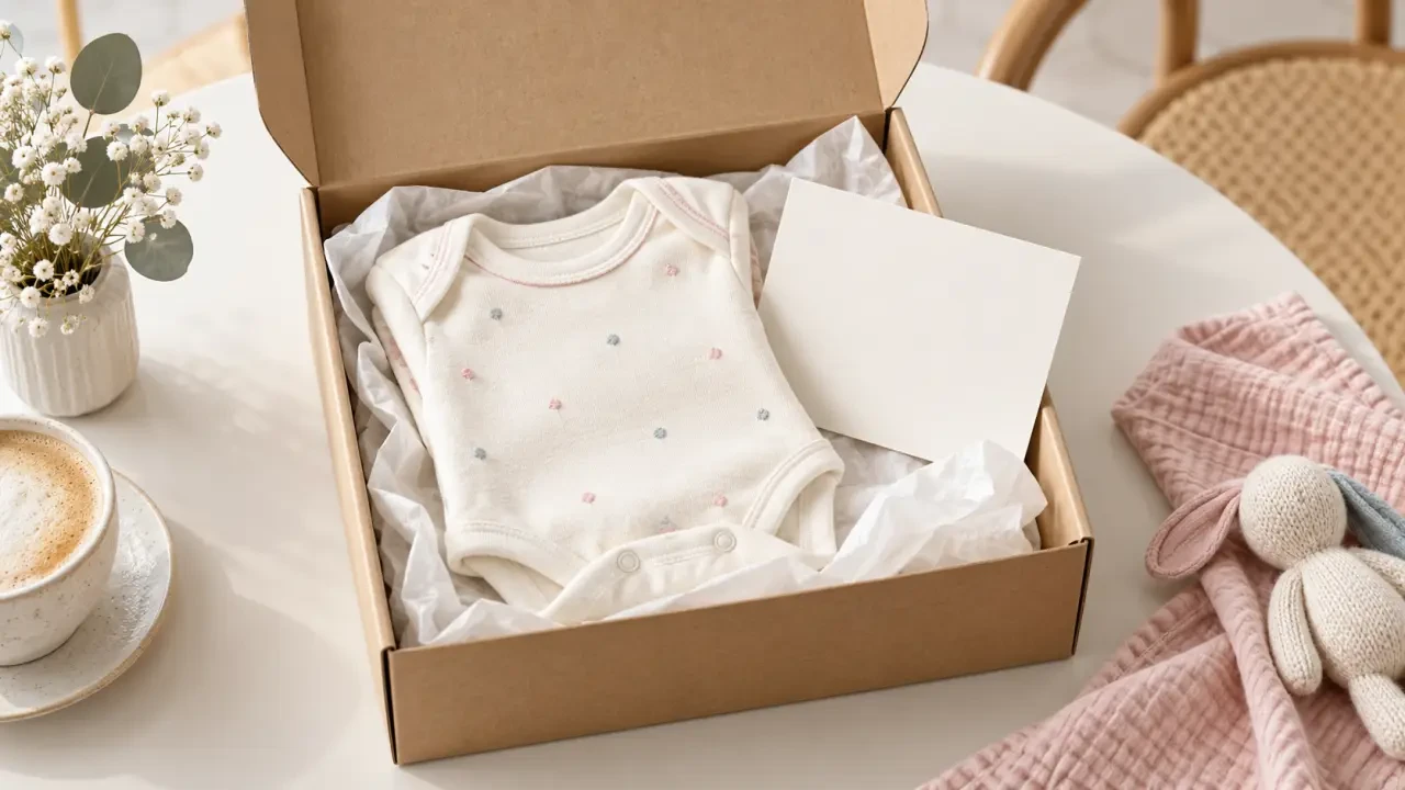 Idée d’annonce sexe bébé intime avec une boîte contenant un vêtement et une carte